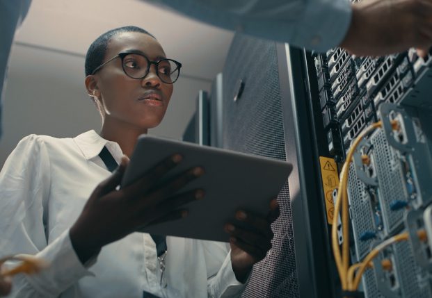 Technology expert with laptop working with team member on a server.