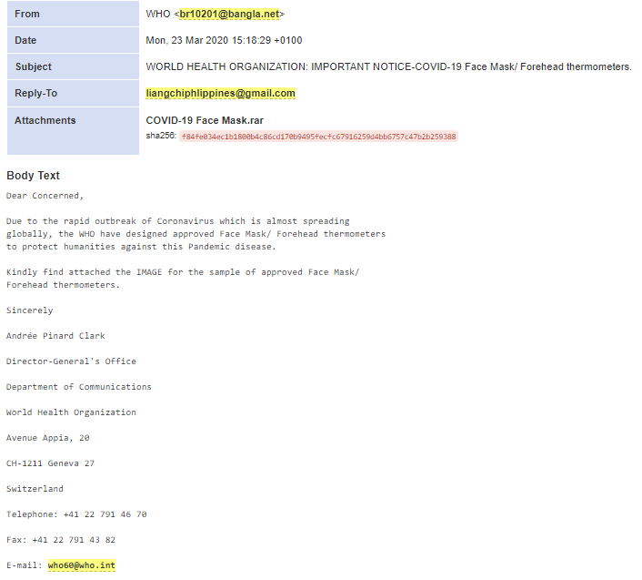 Email with a malware attachment that impersonates the World Health Organisation